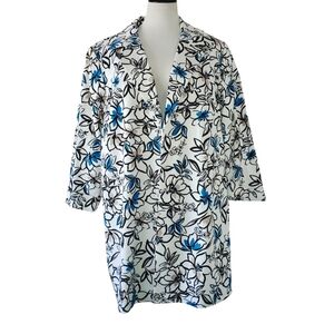 🔥CALVIN KLEIN White/Blue/Black Floral Lined Open Front Trench Coat/Jacket SZ 20